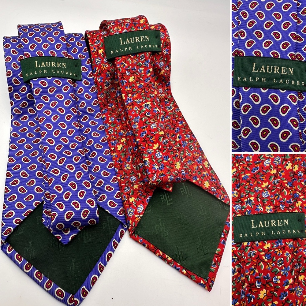 RALPH LAUREN VINTAGE NECKTIE LOT RED FLORAL BLUE PAISLEY USA HAND FINISHED TIES